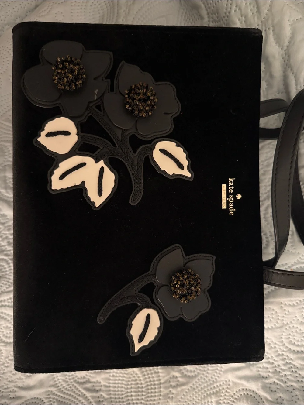 kate spade Black Velvet Floral Appliqué Tote with Cream Leaf Accents